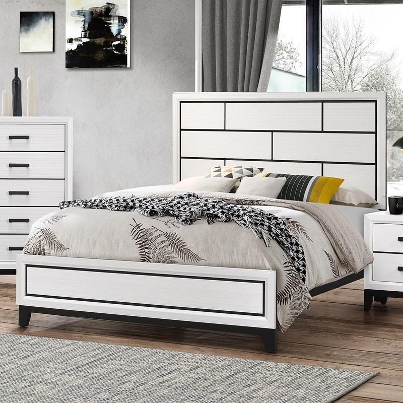 White Panel Bed with Dresser Mirror and NIghtstand